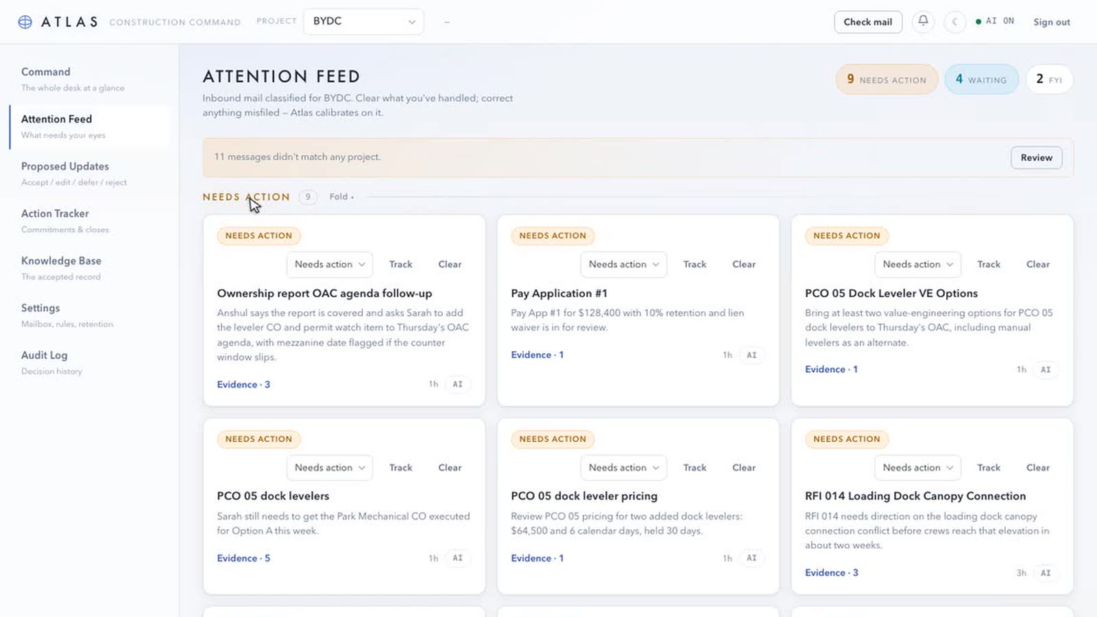 Atlas AI's attention feed: project mail sorted into what needs action, what is waiting and what is for information