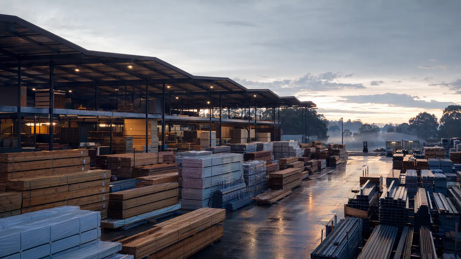 A materials distribution yard in early morning light, ordered stacks of timber, board and steel under an open shed