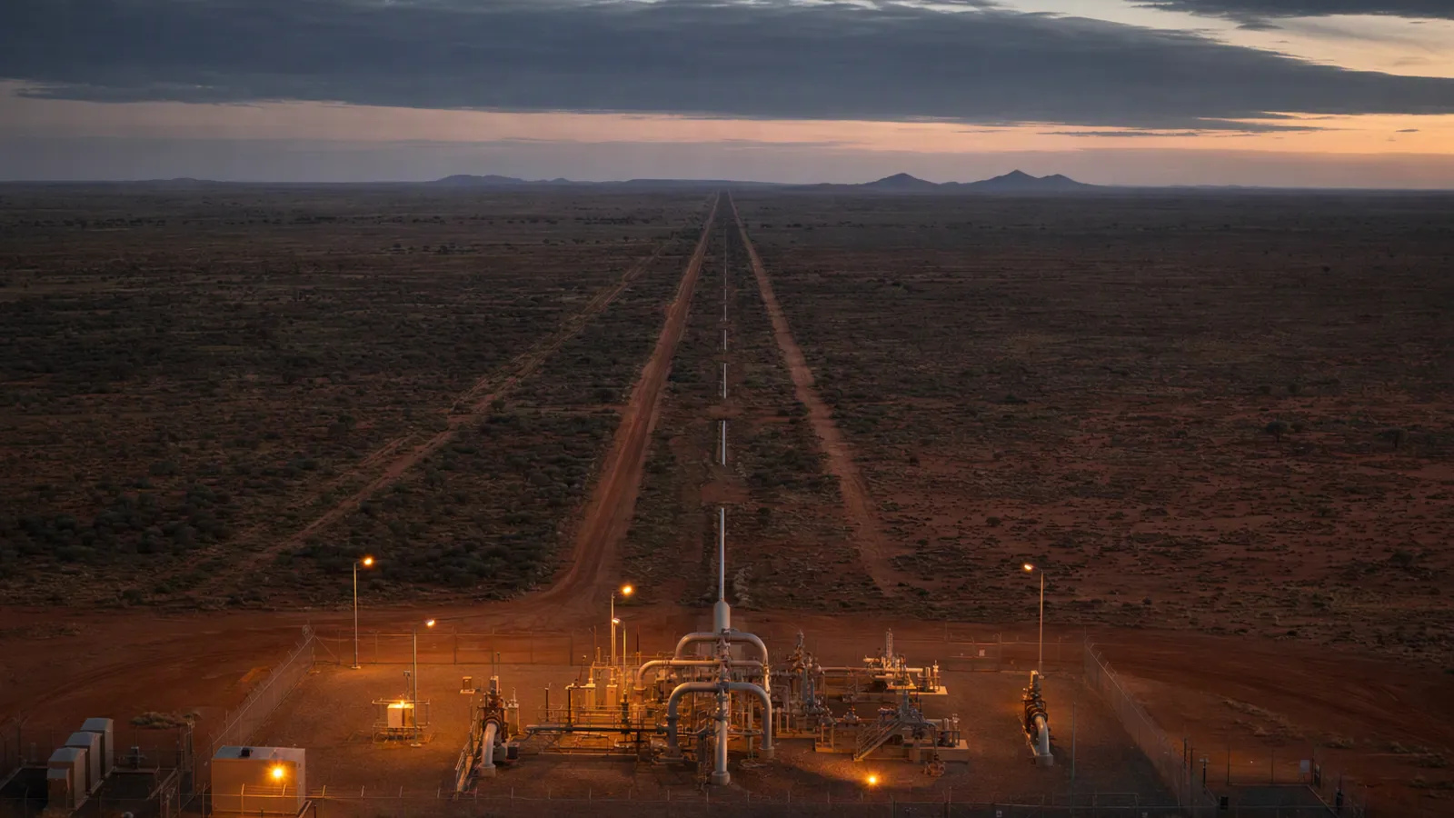 A cleared pipeline easement running to the horizon across red earth at golden hour, a fenced valve station in front