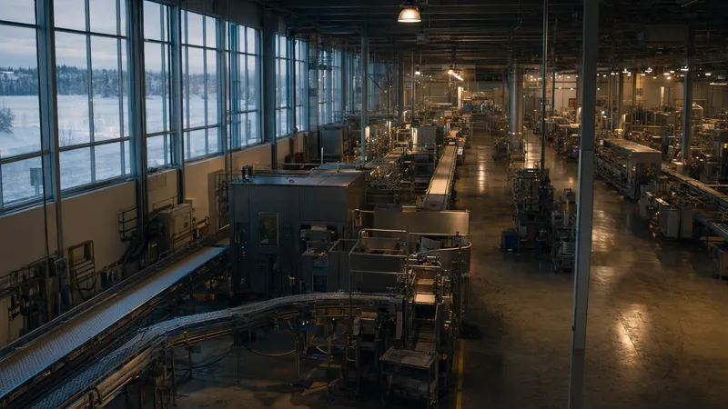 A food packaging hall in early morning light, stainless-steel conveyor lines receding toward high windows