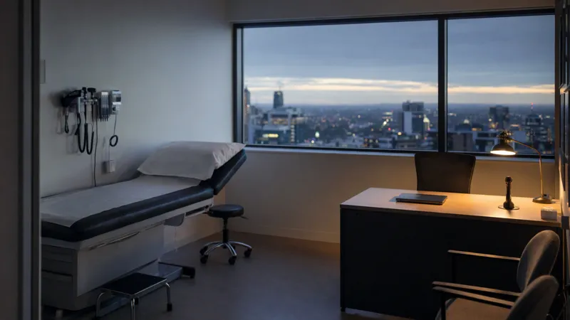 A quiet consultation room in the evening, a desk with a closed laptop and a small microphone under a lamp