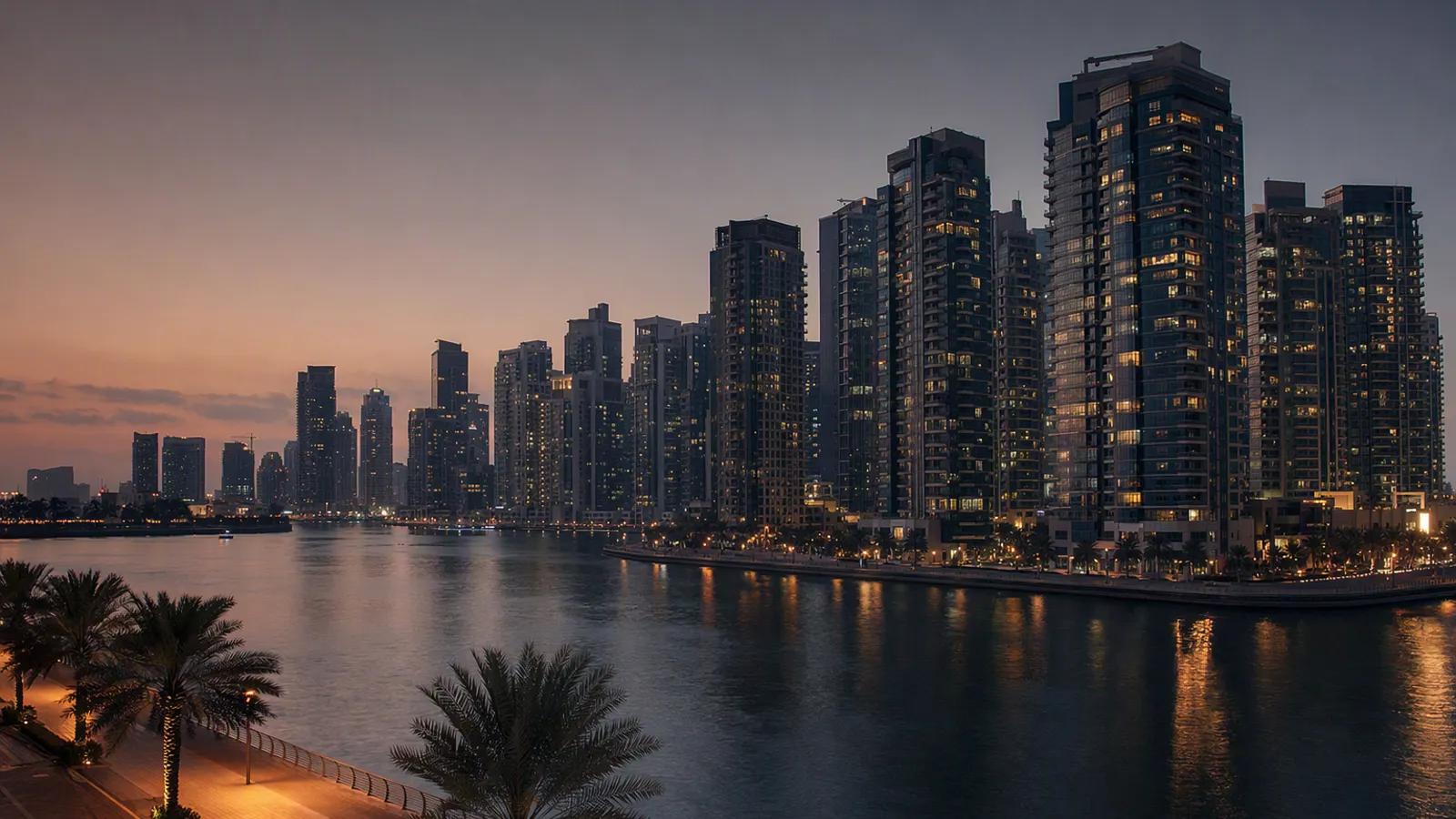 Residential towers with lit balconies across a calm water channel at dusk, a palm-lined promenade in front