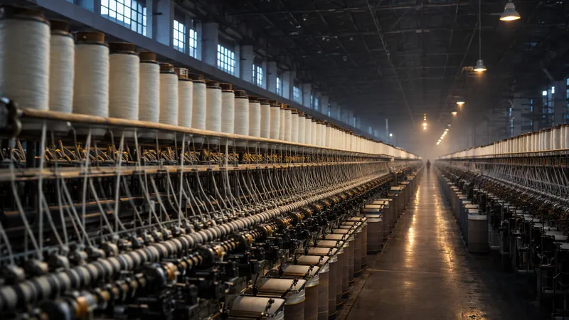 Rows of spinning machines in a textile mill, white fibre threads catching the early light