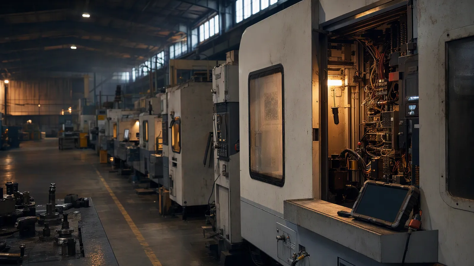 A row of CNC machines in an empty factory hall, one maintenance panel open under a warm work light