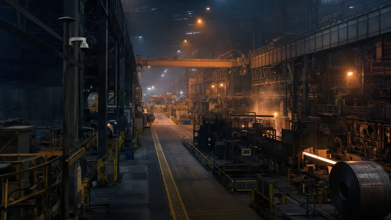 An empty plant floor on the night shift, yellow safety walkways, large machines and cameras mounted on steel columns