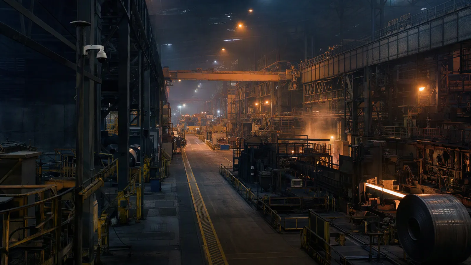 An empty plant floor on the night shift, yellow safety walkways, large machines and cameras mounted on steel columns