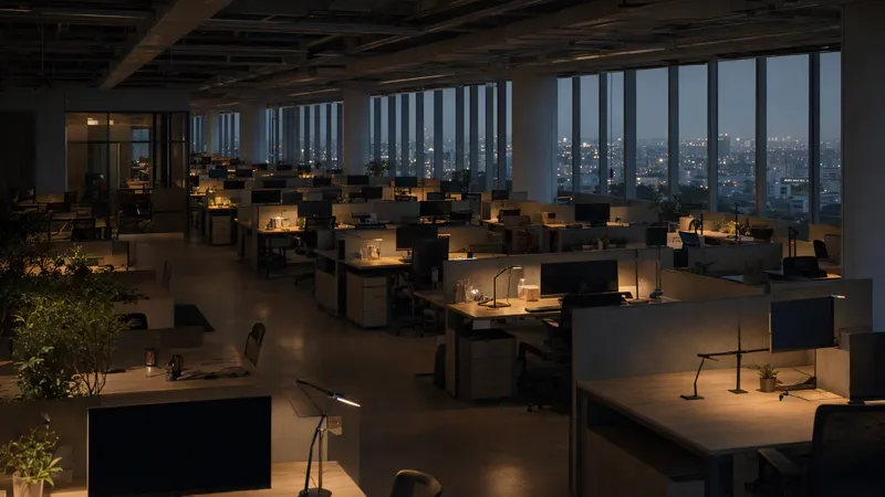 An empty open-plan office in the evening, rows of desks with a few lamps on and city lights beyond the windows
