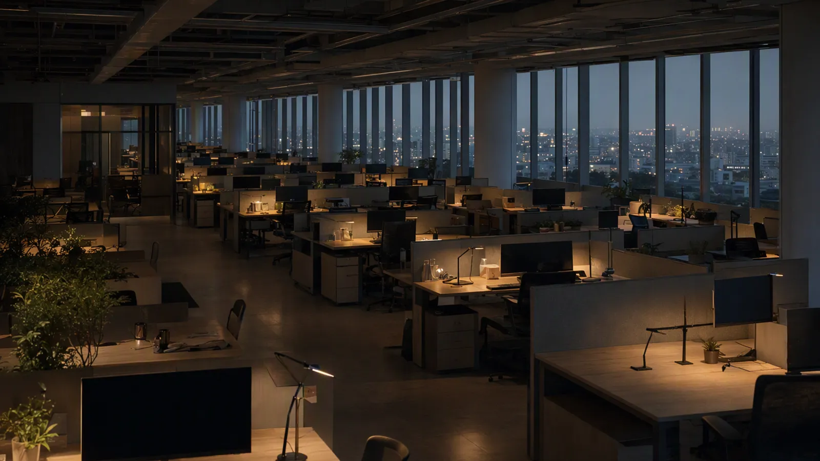 An empty open-plan office in the evening, rows of desks with a few lamps on and city lights beyond the windows