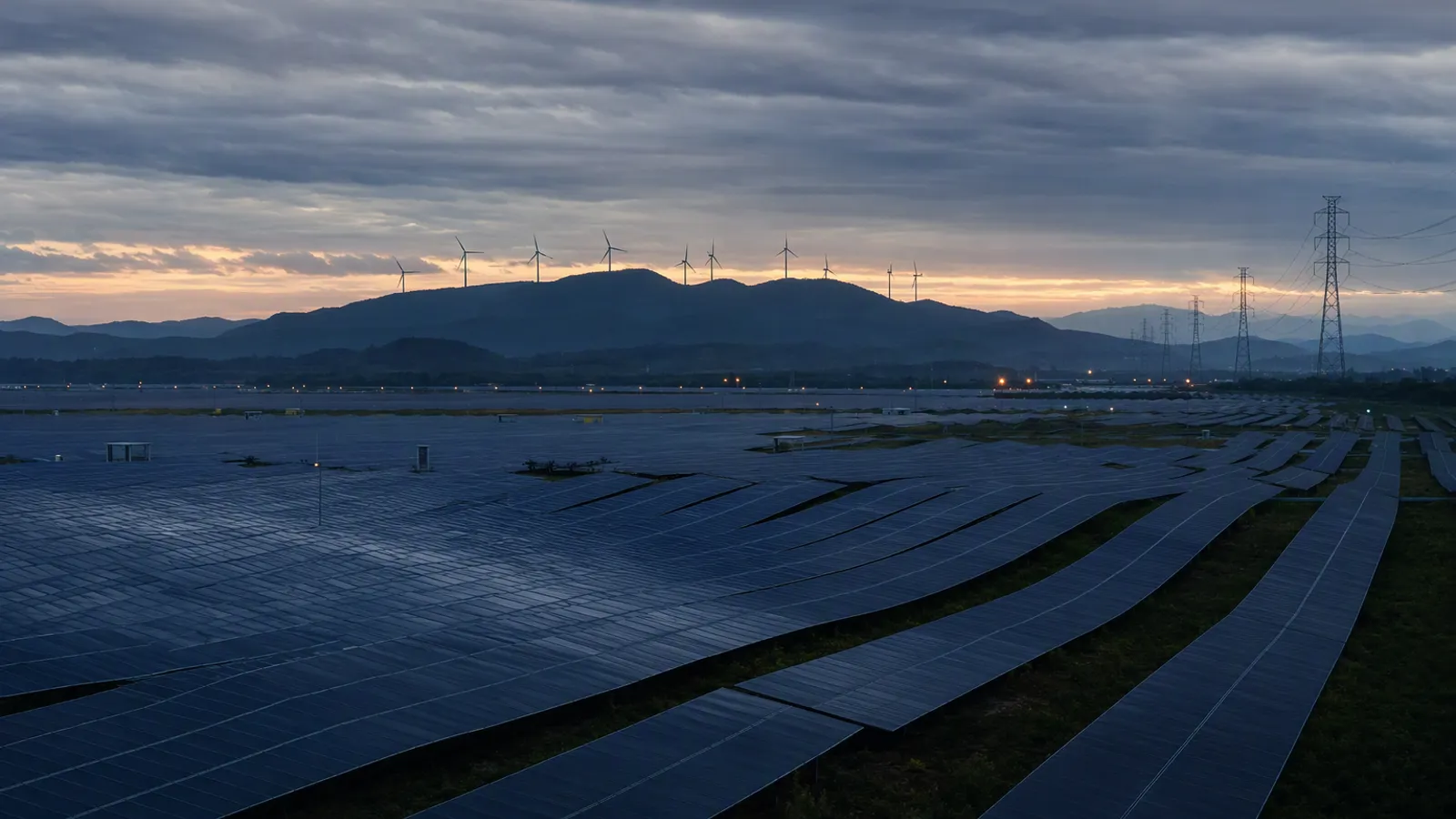 A utility-scale solar farm at blue hour, wind turbines on the far ridge and transmission lines into the haze
