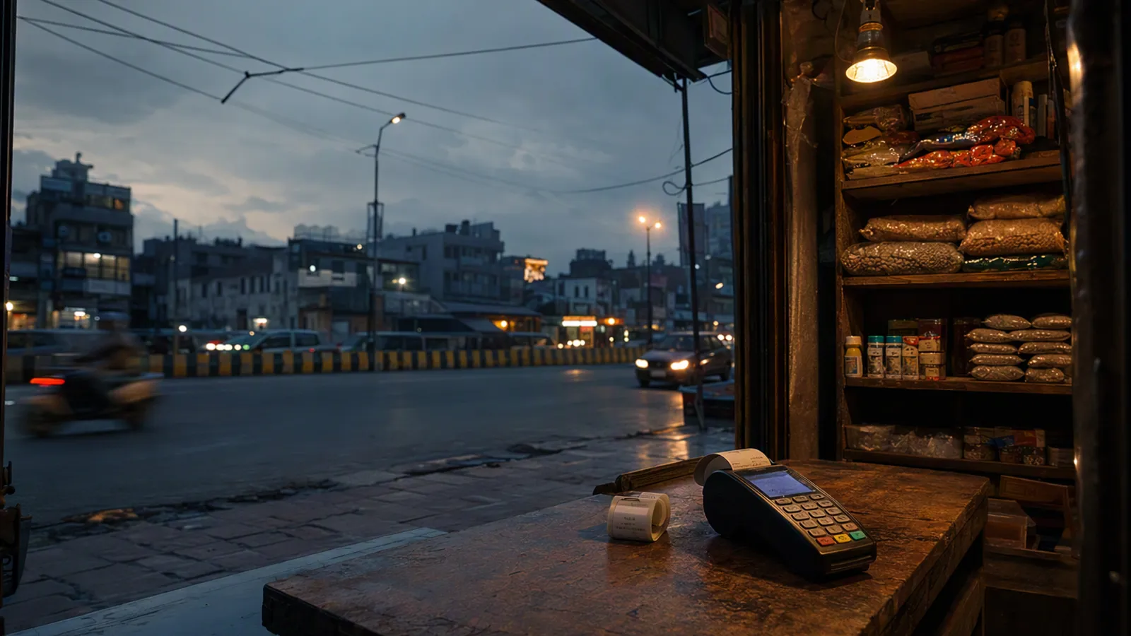 A card payment terminal and a receipt roll on the counter of a neighbourhood store at dusk