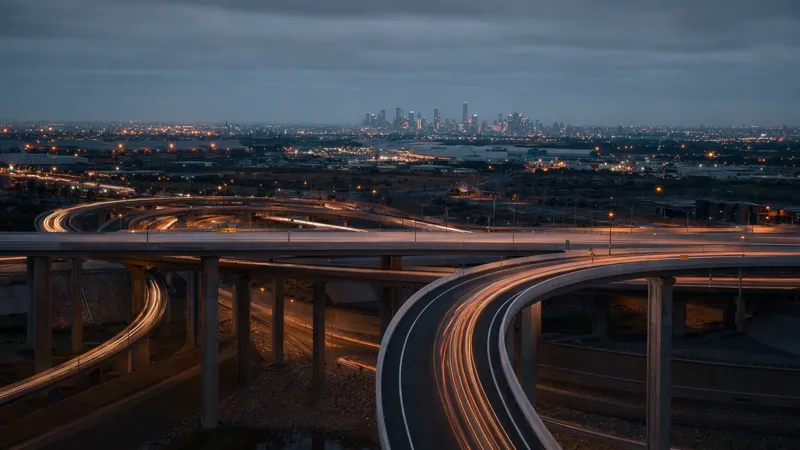 A finished motorway interchange at blue hour from above, sweeping ramps and amber trails of evening traffic