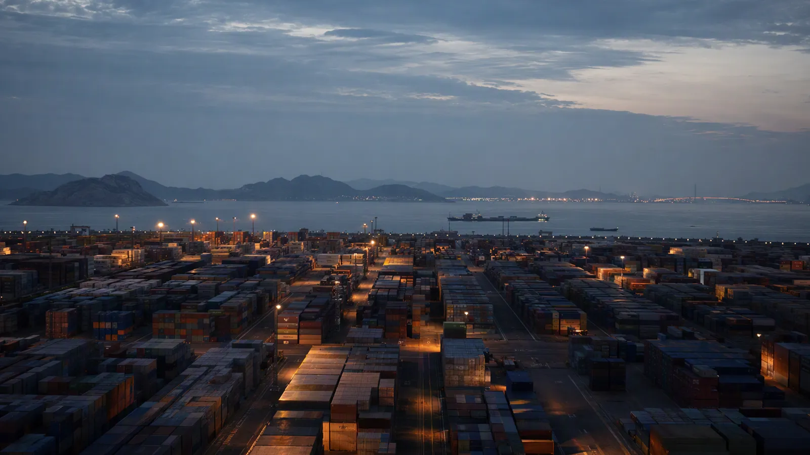Ordered stacks of shipping containers at a large Asian port at blue hour, the sea and a moored ship in the distance